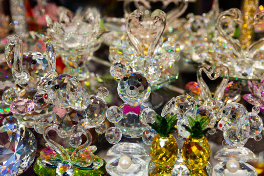 Variety of Bohemian glass products on shelves of souvenir boutique