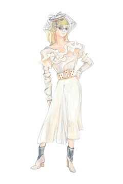 Fashion model. Young woman in white romantic dress with hat, gloves isolated on the white background.  Illustration