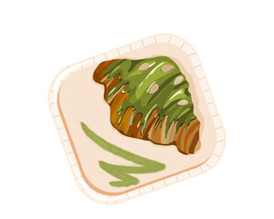 Matcha Croissant on a orange pastel plate decorated with matcha powder. Isolated close up croissant on white background.  Top view croissant vector illustration. Authentic anime pastry.