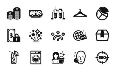 Vector set of Chemistry beaker, Private payment and Package box icons simple set. Washing machine, Pie chart and Seo icons. Cloakroom, Face search and World mail signs. Vector