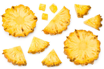 sliced pineapple isolated on white background. exotic fruit. clipping path. top view