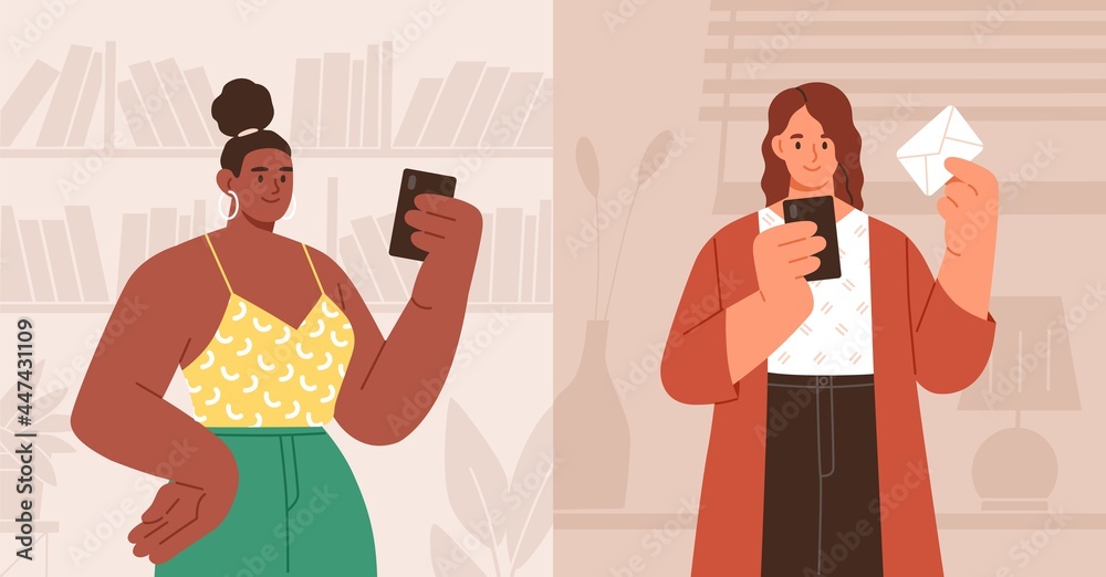 Poster Woman using mobile app for mails and messages on smartphone. Person texting email in online messenger. People holding smart phones. Colored flat vector illustration of young human and cellphone