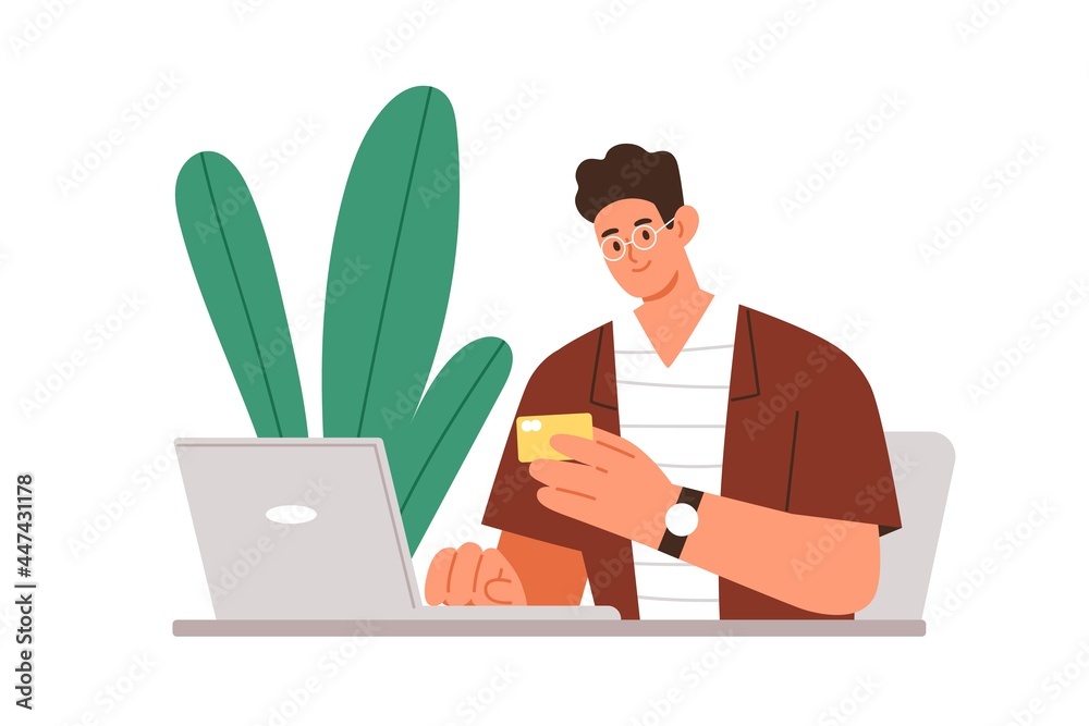Poster person making online electronic payment with laptop and bank card. man buying smth. through internet