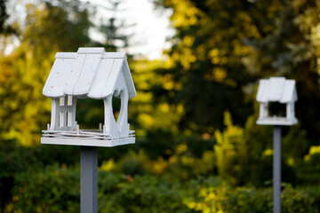 Wooden bird feeder with berries and wheat inside, birdhouse on a beautiful blurred background of yellow leaves outdoors. feeders in the autumn park