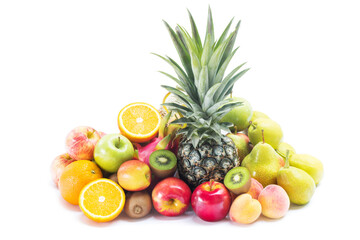 Group of fresh fruits isolated on white, Ripe fruits organic for eating healthy