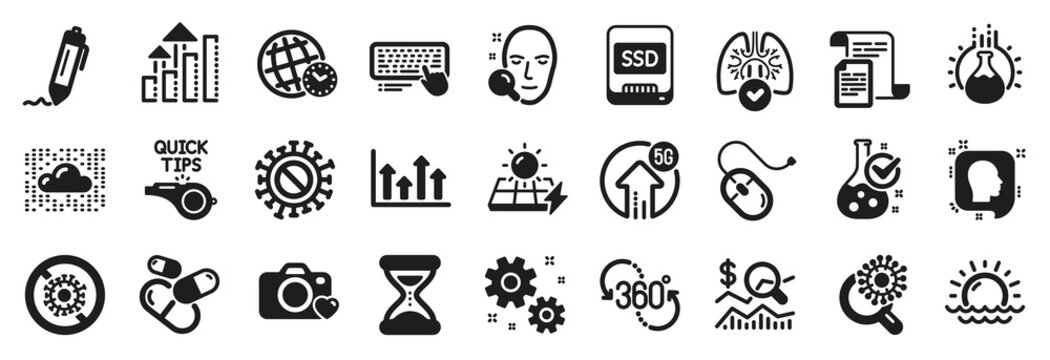 Set of Science icons, such as Solar panels, 5g upload, Sunset icons. Cloud system, Computer keyboard, Photo camera signs. Computer mouse, Lungs, Upper arrows. Check investment, Tutorials. Vector