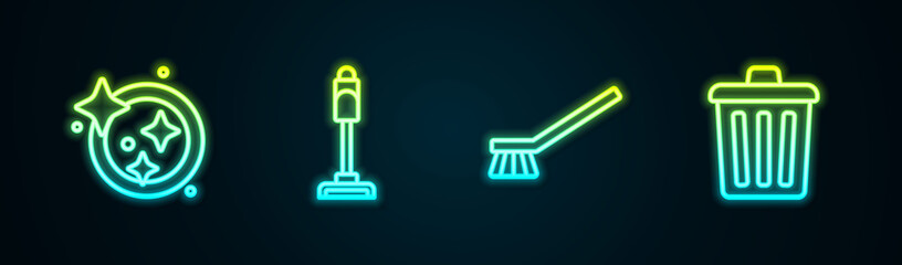 Set line Washing dishes, Vacuum cleaner, Brush for cleaning and Trash can. Glowing neon icon. Vector