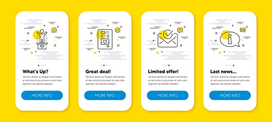 Vector set of Approved mail, Coffee vending and Winner podium line icons set. UI phone app screens with line icons. Information icon. Confirmed document, Coffee vending machine, First place. Vector