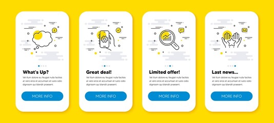 Vector set of Data analysis, Comic message and App settings line icons set. UI phone app screens with line icons. Ranking icon. Magnifying glass, Speech bubble, Smartphone service. Hold star. Vector