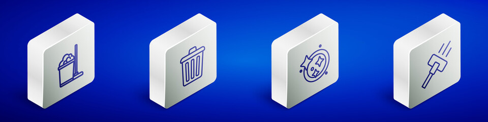 Set Isometric line Mop and bucket, Trash can, Washing dishes and Vacuum cleaner icon. Vector