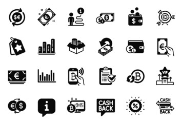 Vector Set of Finance icons related to Discount, Finance and Money currency icons. Vip podium, Survey checklist and Euro currency signs. Money transfer, Cashback and Refresh bitcoin. Vector