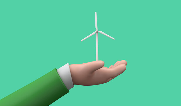 Hand holding a sustainable green energy wind turbine. 3D Render
