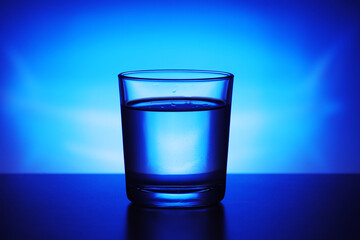 A glass with water at blue background