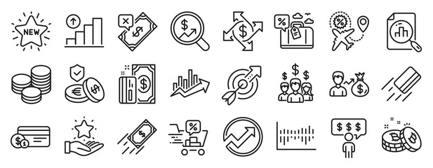 Set of Finance icons, such as Payment, Travel loan, Sallary icons. Savings insurance, Graph chart, Loyalty program signs. Tips, Growth chart, Rejected payment. Discounts cart, Bitcoin. Vector