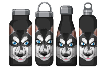 Set of different black thermos bottles with siberian husky pattern