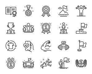 Fototapeta Vector set of Cardio training, Mountain flag and Leadership line icons set. Success, Dumbbells workout and Strong arm icons. Winner cup, Change clothes and Winner reward signs. Vector obraz