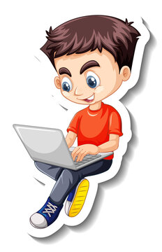A boy using a laptop cartoon character sticker