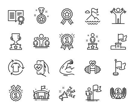Vector set of Cardio training, Mountain flag and Leadership line icons set. Success, Dumbbells workout and Strong arm icons. Winner cup, Change clothes and Winner reward signs. Vector