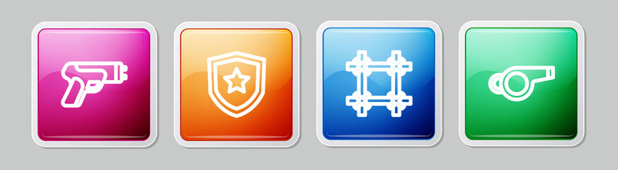 Set line Police electric shocker, badge, Prison window and Whistle. Colorful square button. Vector