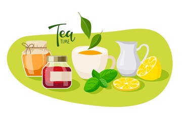 Traditional tea. Cup of tea, lemon, honey, jam, mint, milk. Design for party invitation, teashops, banner, tea label, tea company, cafe or restaurant advertising, home decor. Delicious flavored drink