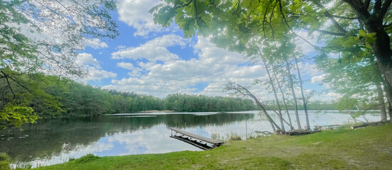 lake in the forest blue sky water panorama