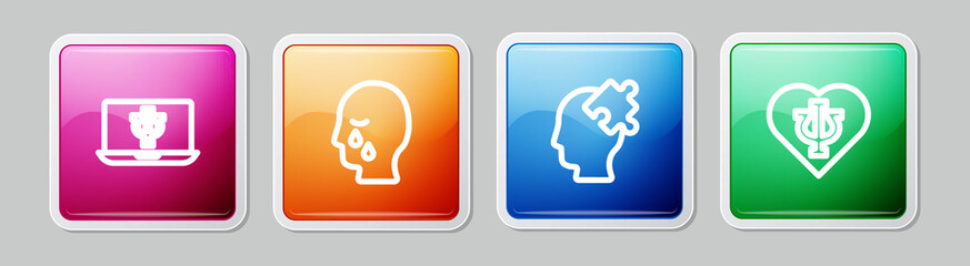 Set line Psychologist online, Man graves funeral sorrow, Solution to the problem and Psychology, Psi. Colorful square button. Vector