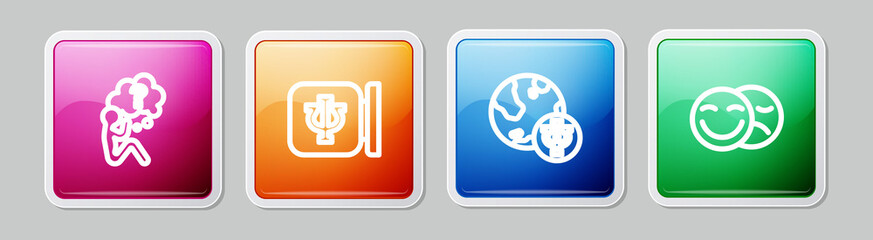 Set line Head with question mark, Psychology, Psi, and Comedy and tragedy masks. Colorful square button. Vector