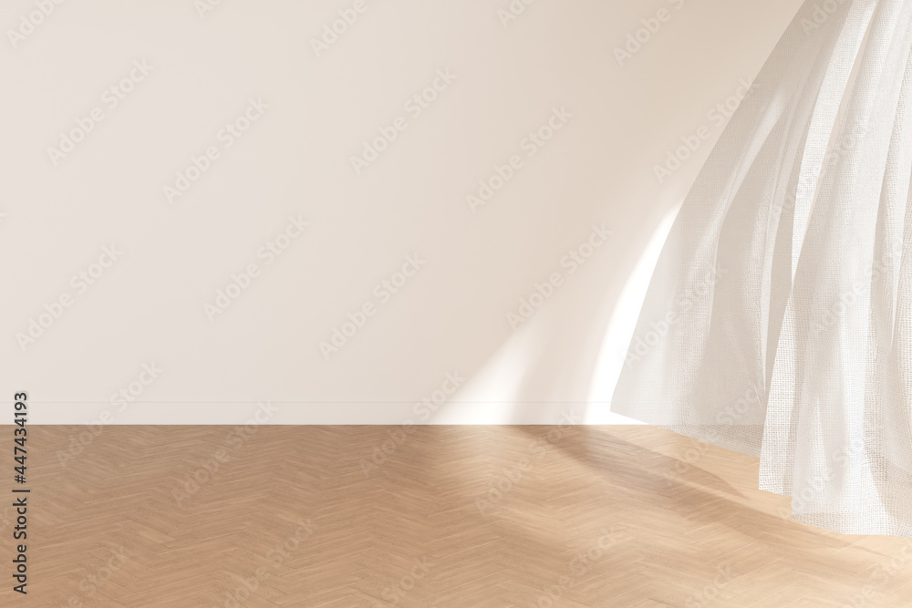 Poster 3d rendering of white empty room and curtain with wooden floor and sun light cast shadow on the wall
