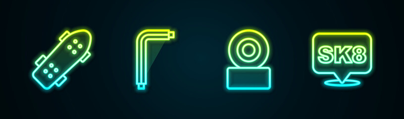 Set line Skateboard, Tool allen keys, wheel and . Glowing neon icon. Vector