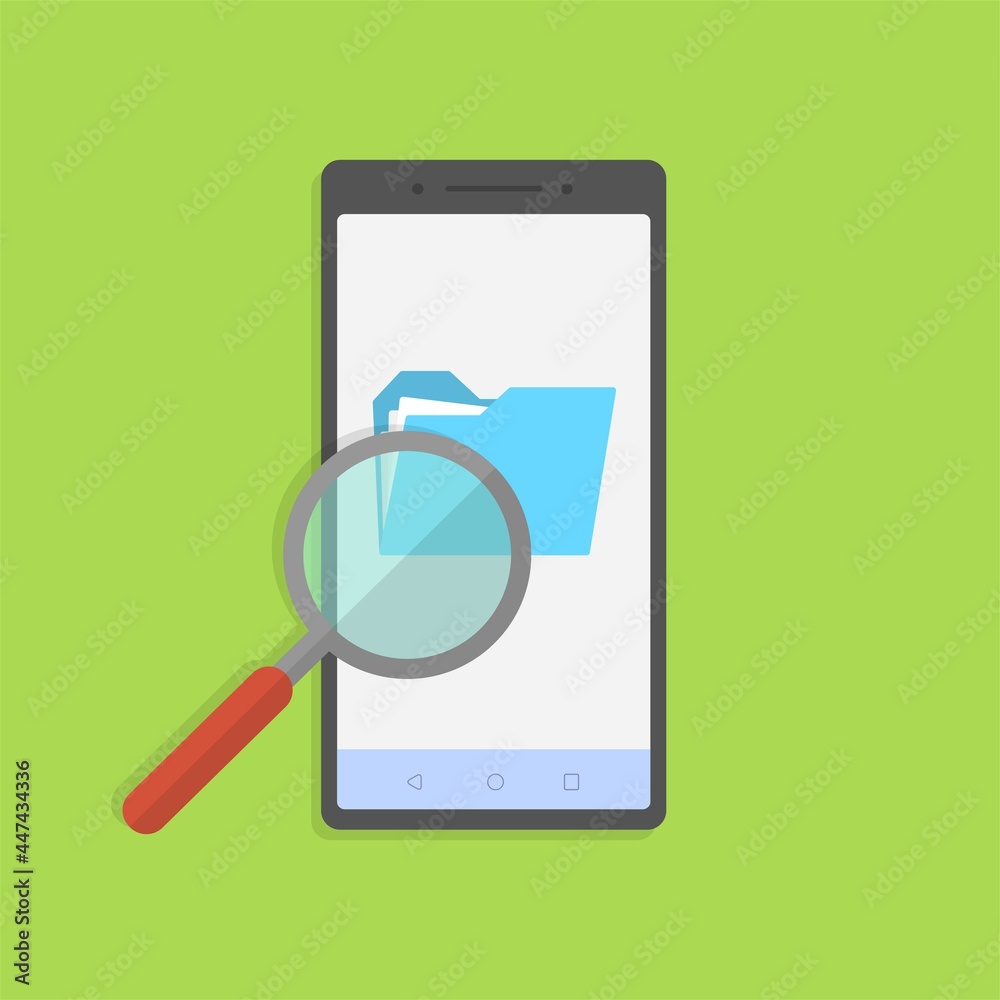Poster phone with folder search and magnifying glass. touchscreen device with different folders.