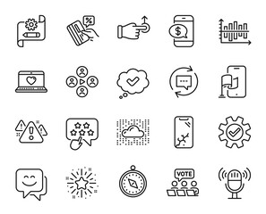 Vector set of Ranking star, Smile face and Smartphone broken line icons set. Video conference, Approved and Location app icons. Web love, Cogwheel blueprint and Cloud system signs. Vector