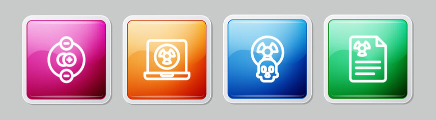 Set line Atom, Nuclear laptop, Radioactive and Radiation warning document. Colorful square button. Vector