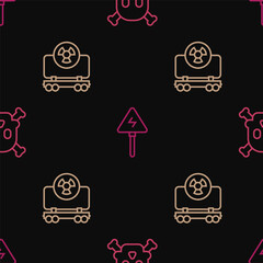 Set line Bones and skull warning, Radioactive cargo train and High voltage sign on seamless pattern. Vector