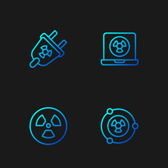 Set line Radioactive, , Radiation electrical plug and Nuclear laptop. Gradient color icons. Vector