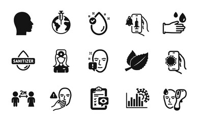Vector set of Social distancing, Face attention and Pandemic vaccine icons simple set. Mint leaves, Coronavirus statistics and Head icons. Hand sanitizer, Rubber gloves and Vitamin e signs. Vector