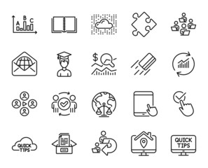 Vector set of Video conference, Documents box and Credit card line icons set. Tablet pc, Checkbox and Quick tips icons. Check investment, Student and Survey results signs. Vector