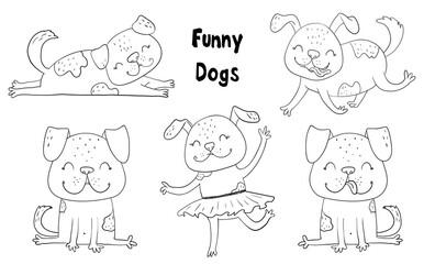 Vector print with cute funny fashionable dogs. Vector illustration. Set of dogs. White and black sketch.