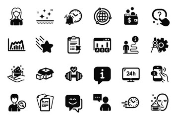 Vector Set of Business icons related to Survey results, Skin care and Documents icons. Woman, Reject checklist and Face cream signs. Globe, Users chat and Packing boxes. Clean skin. Vector