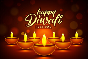 Happy diwali design with diya oil lamp elements on brown rangoli background, bokeh sparkling effect