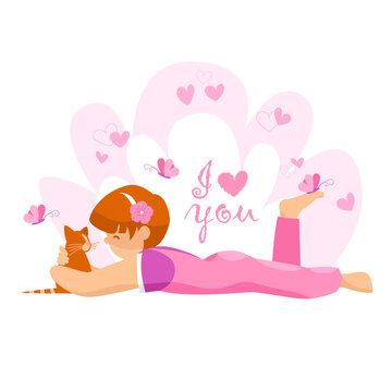 a girl with a kitten. vector image of a child and a cat. the inscription I love. pink flowers and butterflies