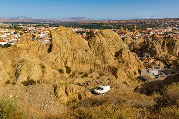 View of Guadix cave homes neighborhood seen from lookout balcony