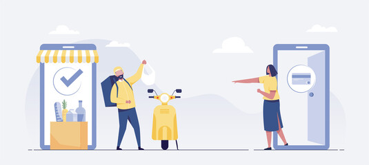 Fast delivery by scooter on mobile. e-commerce concept.Online food delivery concept. Vector illustration