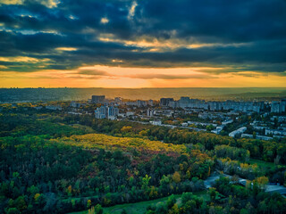 Aerial over the city in autumn at sunset. Kihinev city, Moldova republic of.