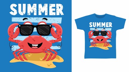Summer cool crab illustration t-shirt design vector concept. - obrazy, fototapety, plakaty