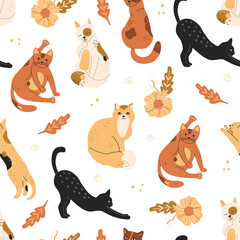 Funny cute cats seamless pattern. Childish animal white repeat background, simple pets ornament for wallpaper, or wrapping paper, modern trendy hand drawn vector illustration, flat cartoon style