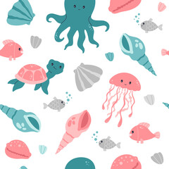 Kawaii seamless pattern with cute baby octopus, jelly fish and turtle. Sea life, wild ocean animals, modern trendy vector flat cartoon illustration on white background, repeat design, kids wallpaper