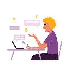 Сoncept of online education, training and courses, learning, video tutorials. A young man learns languages online at home. Vector illustration in a flat cartoon style.