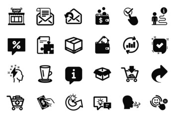 Vector Set of simple icons related to Add products, Shop and Send mail icons. Discount message, Strategy and Shopping signs. Share idea, Brainstorming and Pay money. Customer satisfaction. Vector