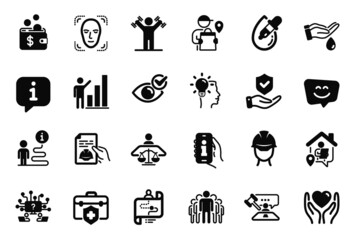 Vector Set of People icons related to Check eye, Insurance hand and Teamwork question icons. Foreman, Work home and Journey path signs. Smile face, Hold heart and Dumbbells workout. Group. Vector