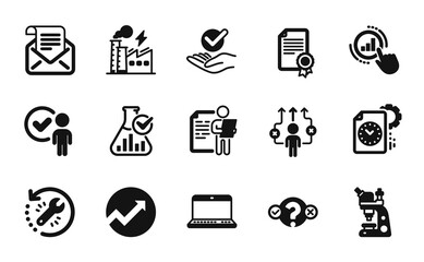 Vector set of Notebook, Certificate and Mail newsletter icons simple set. Microscope, Audit and Business way icons. Quiz test, Electricity factory and Approved signs. Vector